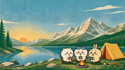 Chiikawa, Hachiware, and Usagi camping by a lake at sunrise for PC Wallpaper
