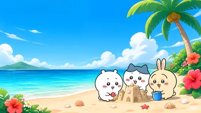 Chiikawa, Hachiware, Usagi building sandcastle on beach for PC Wallpaper