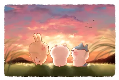 Chiikawa, Hachiware, and Usagi watching a beautiful sunset for PC Wallpaper