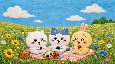 Chiikawa, Hachiware and Usagi picnic in a flower field for PC Background