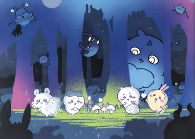 Chiikawa, Hachiware, Usagi, Momonga in a glowing night forest for PC Wallpaper