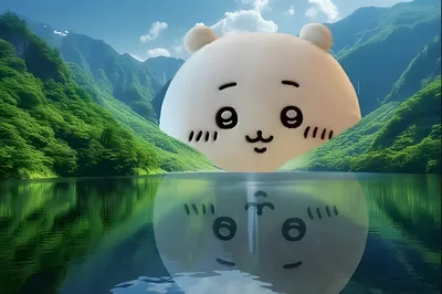 Giant Chiikawa reflecting on a serene mountain lake for PC Wallpaper