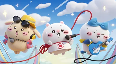 Chiikawa, Hachiware, and Usagi playing music in the sky for PC Background