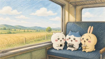 Chiikawa, Hachiware, and Usagi on a scenic train trip for PC Background