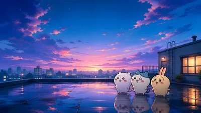 Chiikawa, Hachiware, and Usagi on a sunset rooftop for PC Wallpaper