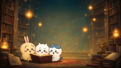 Chiikawa, Hachiware, and Usagi reading in a magical library for PC Wallpaper