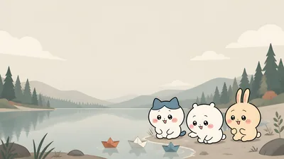 Chiikawa, Hachiware, and Usagi with paper boats by a lake for PC Wallpaper