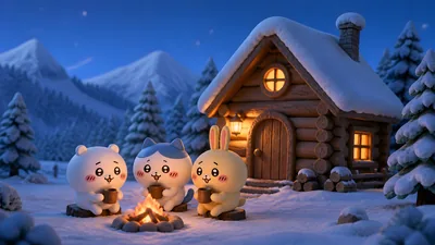 Chiikawa, Hachiware, and Usagi sitting by a winter campfire for PC 4K Image