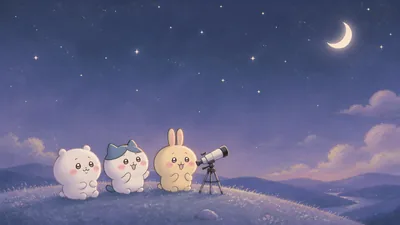 Chiikawa, Hachiware, Usagi stargazing under starry night for PC Wallpaper