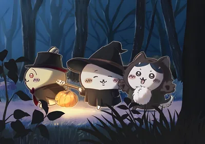 Halloween Chiikawa, Hachiware, and Usagi in dark forest for PC Wallpaper