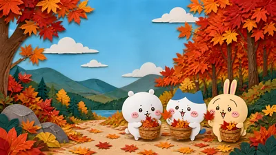 Chiikawa, Hachiware, and Usagi collecting autumn leaves for PC Wallpaper