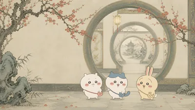 Chiikawa, Hachiware, and Usagi in a traditional Chinese garden for PC Wallpaper