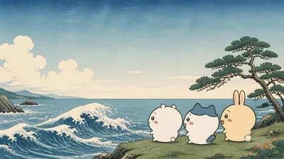 Chiikawa, Hachiware, and Usagi watching ocean waves for PC Wallpaper