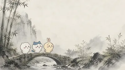 Chiikawa, Hachiware, Usagi on an ink painting bridge for PC Background