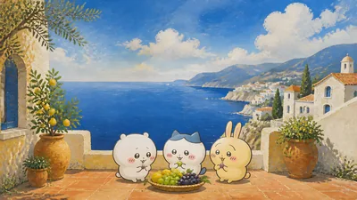 Chiikawa, Hachiware, Usagi eating grapes by Mediterranean sea for PC Wallpaper