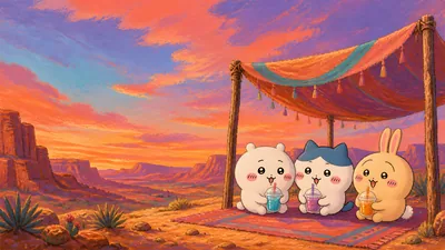 Chiikawa, Hachiware, Usagi drinking juice in sunset desert for PC Background