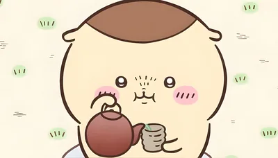 Cute Chiikawa character pouring hot tea from a teapot for PC Wallpaper