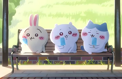 Chiikawa, Hachiware, and Usagi eating popsicles on a bench for PC Wallpaper