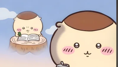Cute Chiikawa character studying on a tree stump, 4K Image for PC