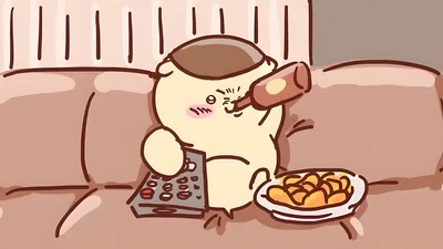 Cute Chiikawa character drinking on the sofa with a remote for PC Wallpaper