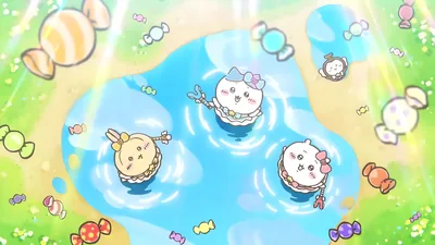 Chiikawa, Hachiware, Usagi magical girls in candy pond for PC Wallpaper