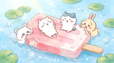 Chiikawa, Hachiware, Usagi, Momonga on a summer popsicle for PC Wallpaper