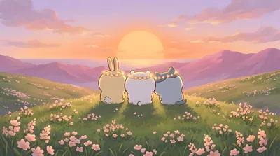 Chiikawa, Hachiware and Usagi watching sunset on a flower hill for PC Wallpaper