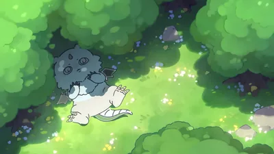 Cute Chiikawa character resting in a sunny green forest for PC Wallpaper