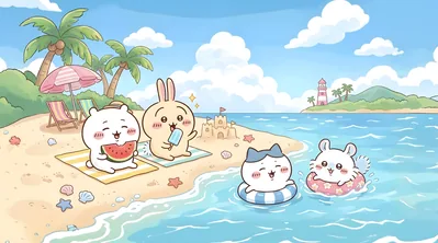 Chiikawa, Usagi, Hachiware, and Momonga beach summer scene for PC Wallpaper