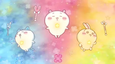 Magical Chiikawa, Hachiware, and Usagi floating in pastel sky for PC Wallpaper