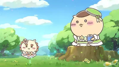 Cute Chiikawa characters in a sunny green forest for PC Wallpaper