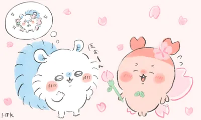 Momonga and Furuhonya with pink cherry blossoms and flowers for PC Wallpaper