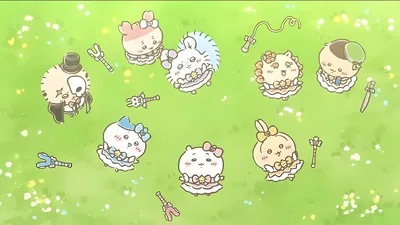 Chiikawa, Hachiware, and Usagi in magical outfits on green grass for PC Wallpaper.