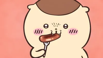 Cute Kurimanju eating a delicious grilled sausage for PC Wallpaper