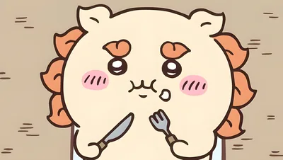 Cute Shisa holding a knife and fork while eating for PC Wallpaper