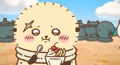 Rakko eating a sweet parfait on the beach for PC 4K Image