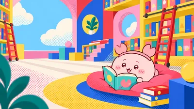 Furuhonya reading a book in a colorful library for PC Wallpaper
