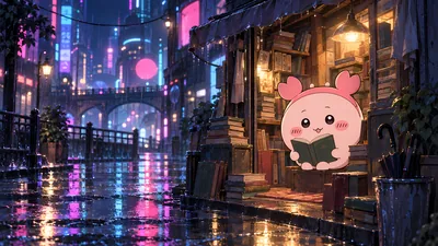 Furuhonya reading in a cozy rainy cyberpunk bookstore for PC Background