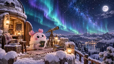 Furuhonya reading under the aurora at a snowy observatory for PC Background