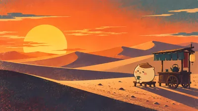 Kurimanju drinking tea by a desert food cart at sunset for PC 4K Image