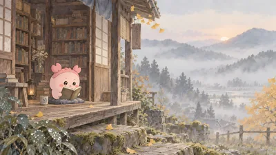 Furuhonya reading on a cozy porch with autumn mountain view for PC Wallpaper