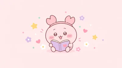 Cute Furuhonya reading a book on pink background for PC Wallpaper