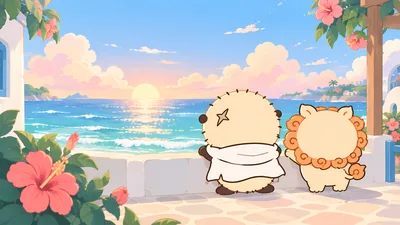 Rakko and Shisa looking at the beautiful ocean sunset for PC 4K Image