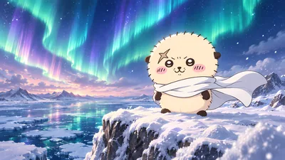 Rakko standing on a snowy cliff under the aurora borealis for PC Background.