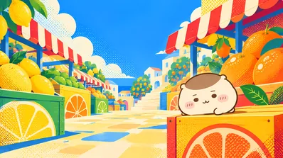 Kurimanju relaxing at a sunny citrus fruit market for PC Wallpaper