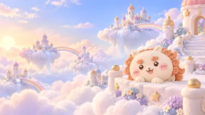 Cute Shisa in a magical pastel cloud castle fantasy sky for PC Wallpaper