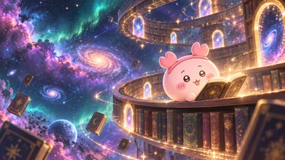 Furuhonya reading a magic book in a cosmic library for PC Wallpaper