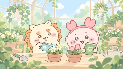 Shisa and Furuhonya gardening in a sunny greenhouse for PC Background