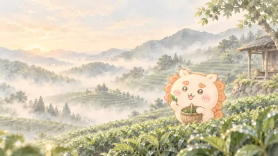 Cute Shisa picking tea in misty terraced fields at sunrise for PC Wallpaper