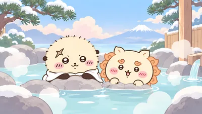 Rakko and Shisa relaxing in a snowy hot spring for PC Wallpaper